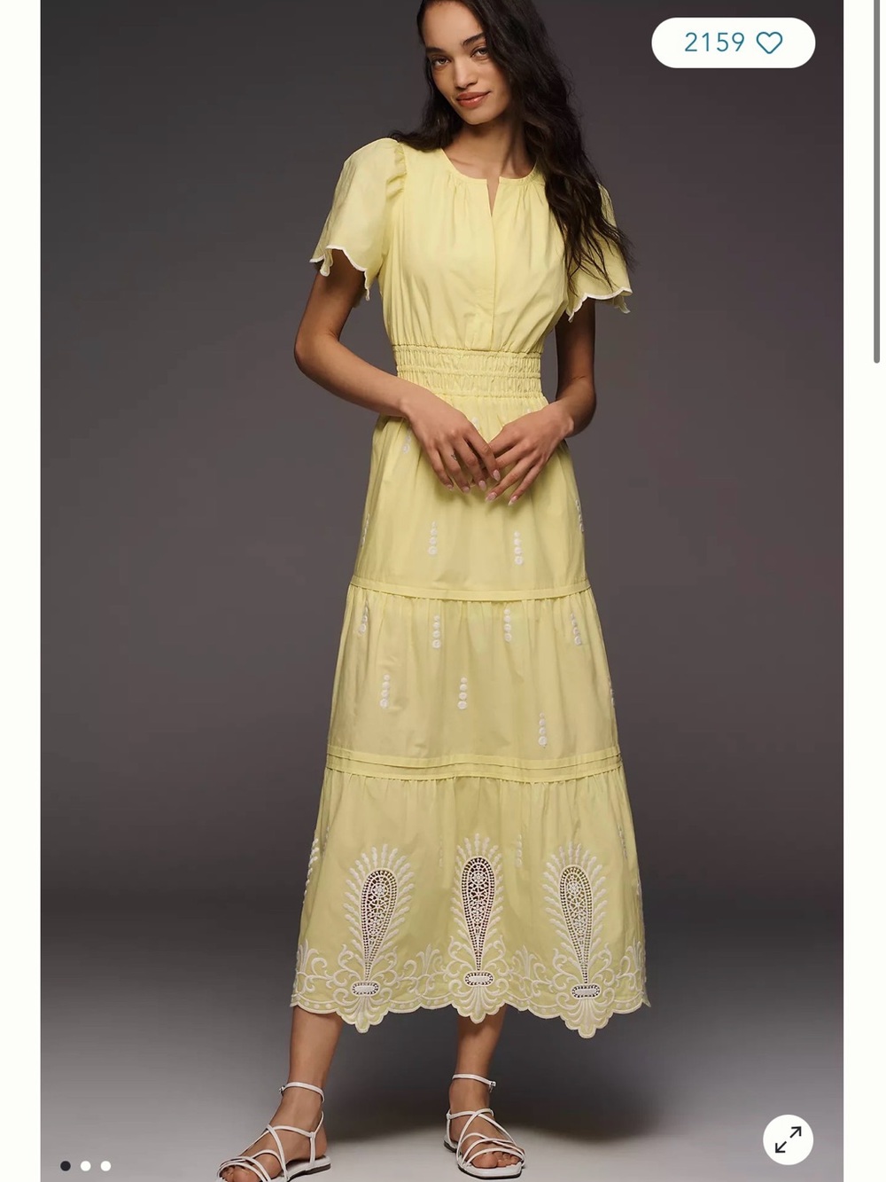 Light Yellow Embroidered Maxi Dress with Smocked Waist